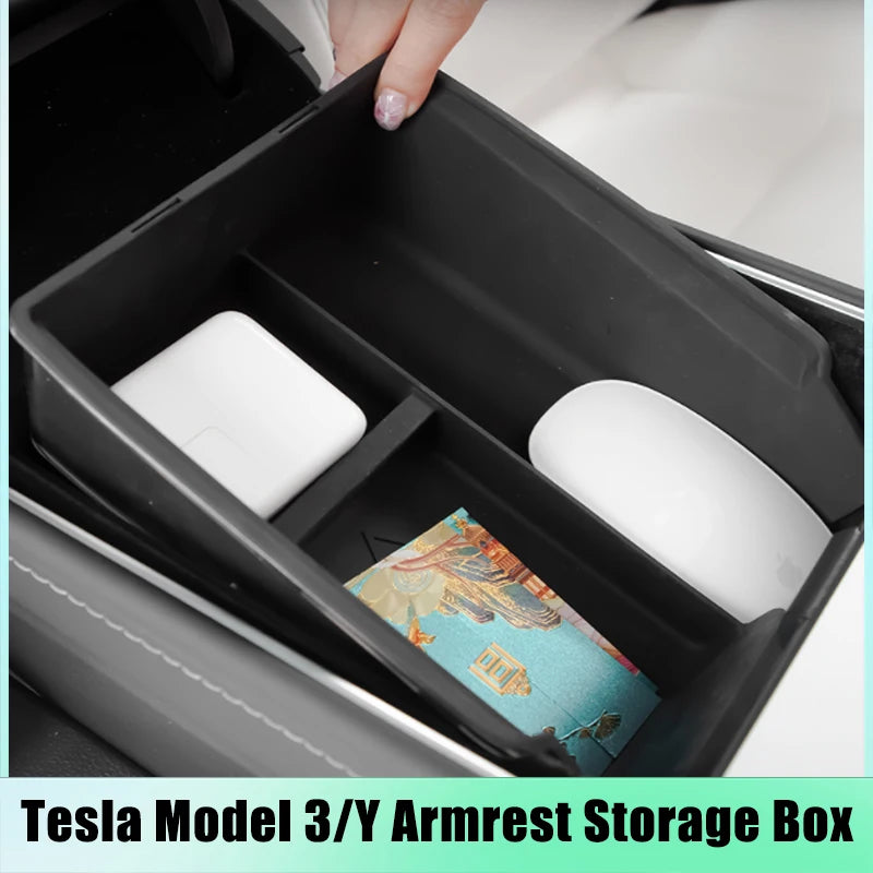 For Tesla Model 3 2023 Model Y Silicone Storage Box 2021 2022 Center Armrest Console Double Organizer Case Car Accessories Auto